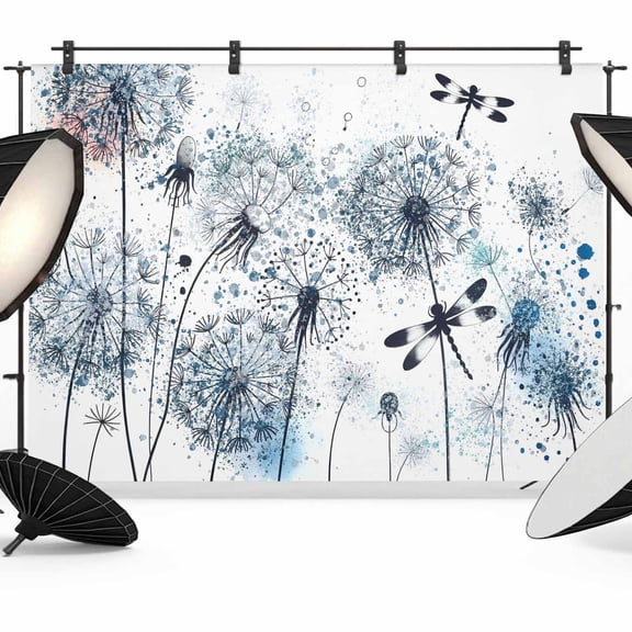 Blue Teal Dandelion Backdrop for Photography,Fabric Photo Background Backdrop,Dragonfly Modern Art Watercolor Photo Booth Background for Portrait Photoshoot Video Wedding Studio Decor Banner 7x5ft