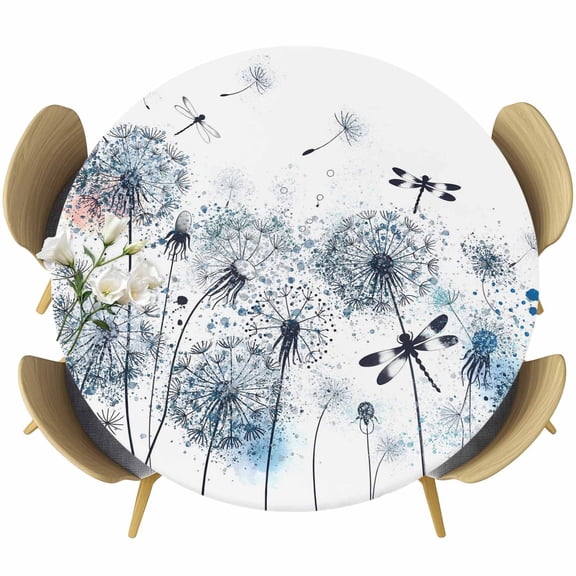 Blue Teal Dandelion Round Tablecloth, Fitted Table Cover with Elastic for 36"-44" Round Tables, Dragonfly Modern Art Watercolor Table Cloth Outdoor Indoor Dinning Party Waterproof Tablecloths