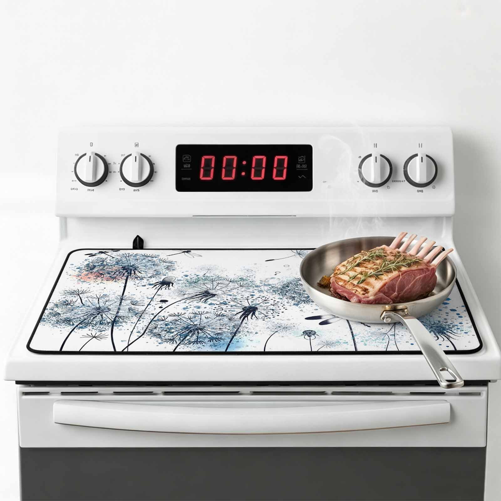 Blue Teal Dandelion Stove Top Cover for Electric Stove, Heat-proof & Non Slip Glass Top Stove Cover Protector, Dragonfly Modern Art Watercolor Kitchen Flat Cooktop Rubber Mat 24x21 Inches
