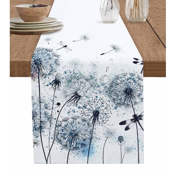 Blue Teal Dandelion Table Runner 72 Inches, Dragonfly Modern Art Watercolor Bed Runner Dresser Scarves Tabletop for Indoor Outdoor Parties/Ceremony/Banquet, 18" x 72"