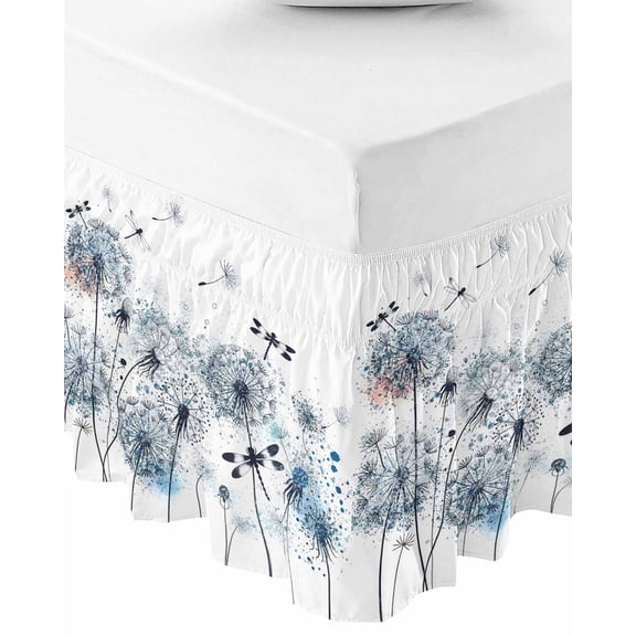 Blue Teal Dandelion Wrap Around Bed Skirts for Queen Bed 16" Drop,Bed Skirt with Adjustable Elastic Belt Dust Ruffle Bed Valance for Bedroom Hotel Dragonfly Modern Art Watercolor Bed Frame Cover
