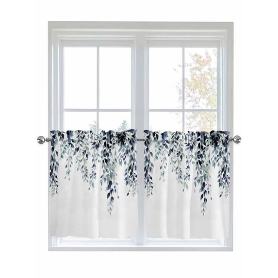 Blue Teal Eucalyptus 2 Panel Kitchen Curtains for Small Windows, Weeping Botanical Leaf Watercolor Bathroom Tier Curtain, Short Window Treatment for Bedroom/Living Room 55"x24"