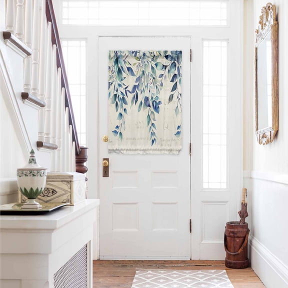 Blue Teal Eucalyptus Leaves Door Curtains for Door Window, French Sidelight Front Back Door Curtains With Tieback, Watercolor Vintage Botanical Kitchen Rod Pocket Drapes Panel, 54"x40"