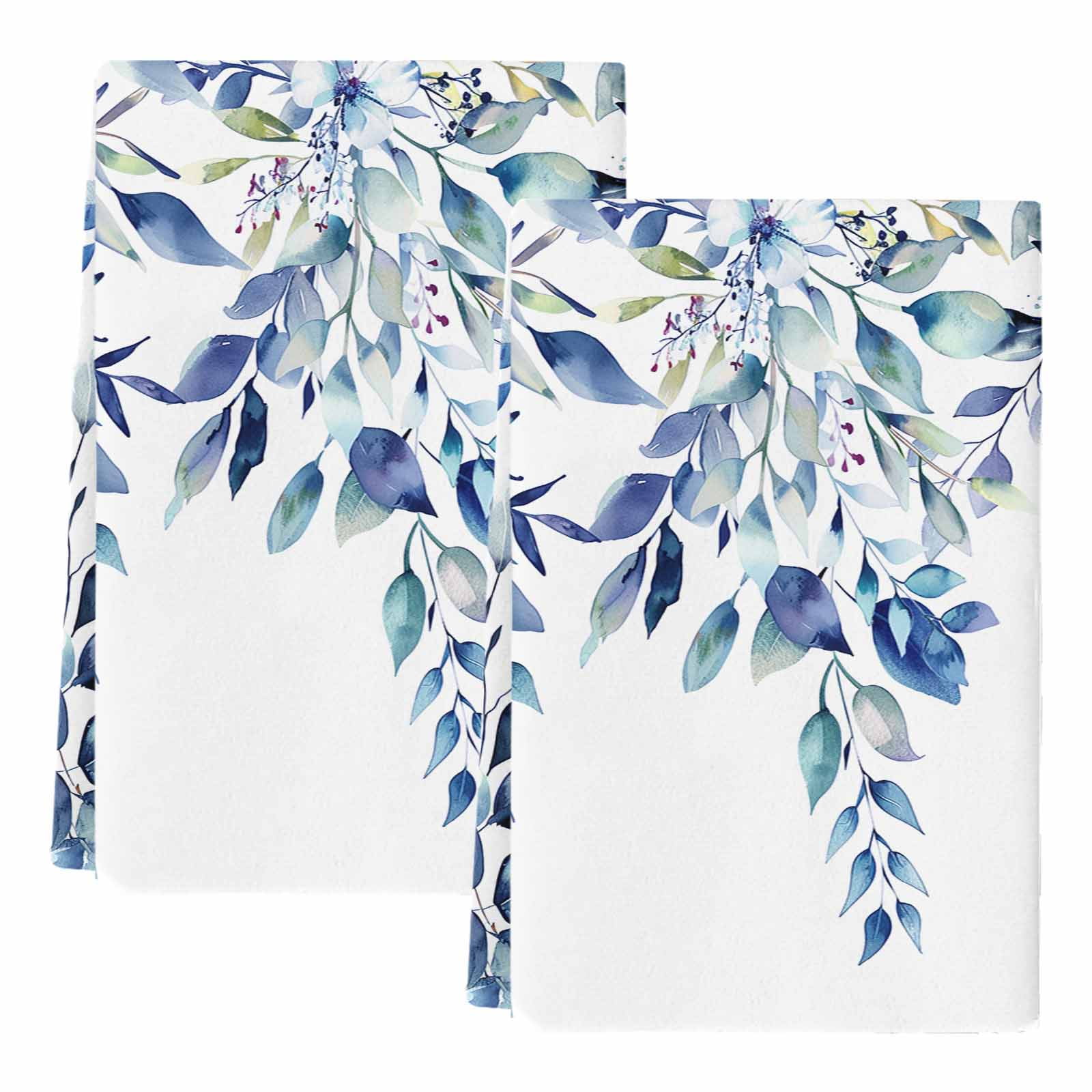 Blue Teal Eucalyptus Leaves Kitchen Towels Set of 2, Watercolor Weeping Botanical Soft Microfiber Dish Towels, Absorbent Washable Dishcloths for Kitchen Cleaning, Drying Dishes, 18x28 Inches