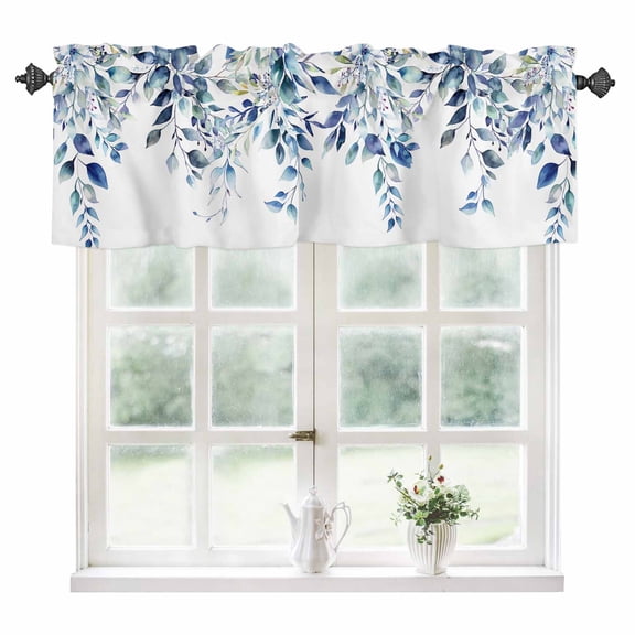 Blue Teal Eucalyptus Leaves Kitchen Valances for Windows 54x18 Inch Kitchen Curtains Valances Rod Pocket Watercolor Weeping Botanical Bathroom Window Valances for Window Treatment Decor
