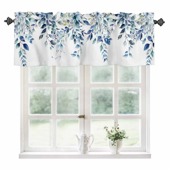 Blue Teal Eucalyptus Leaves Kitchen Valances for Windows 60x18 Inch Kitchen Curtains Valances Rod Pocket Watercolor Weeping Botanical Bathroom Window Valances for Window Treatment Decor