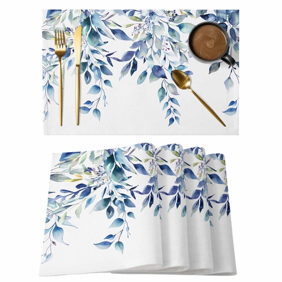 Blue Teal Eucalyptus Leaves Placemats Set of 4,Cotton Linen Fabric Place Mats,Watercolor Weeping Botanical Washable Decorative Table Mats Protector for Home Kitchen Dining Wedding Party Coffee Tables