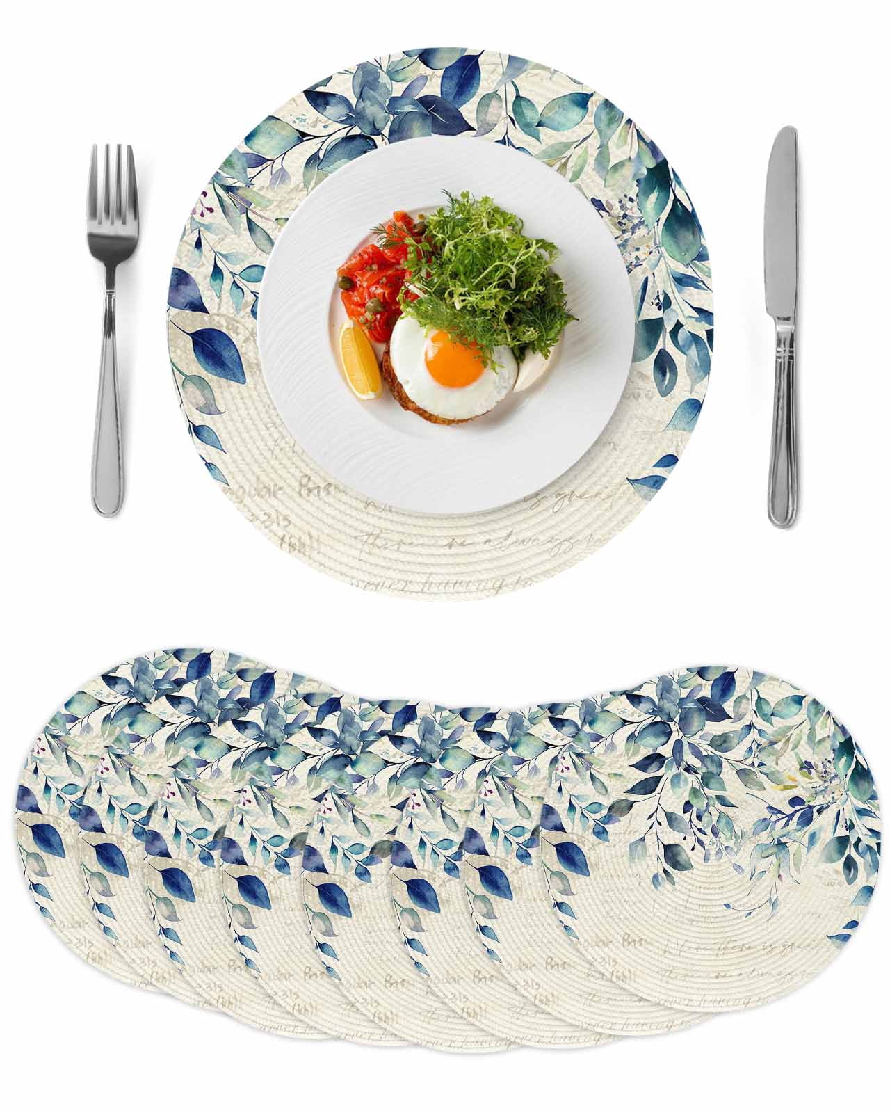 Blue Teal Eucalyptus Leaves Round 15 Inch Placemats Set of 8 ...