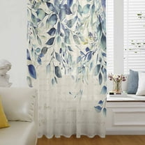 Blue Teal Eucalyptus Leaves Semi Sheer Curtains Drapes for Living Room,Bedroom,French Doors Window 72 Inches Long,Watercolor Vintage Botanical Rod Pocket Chiffon Curtain Drapery Voile Drape Panel