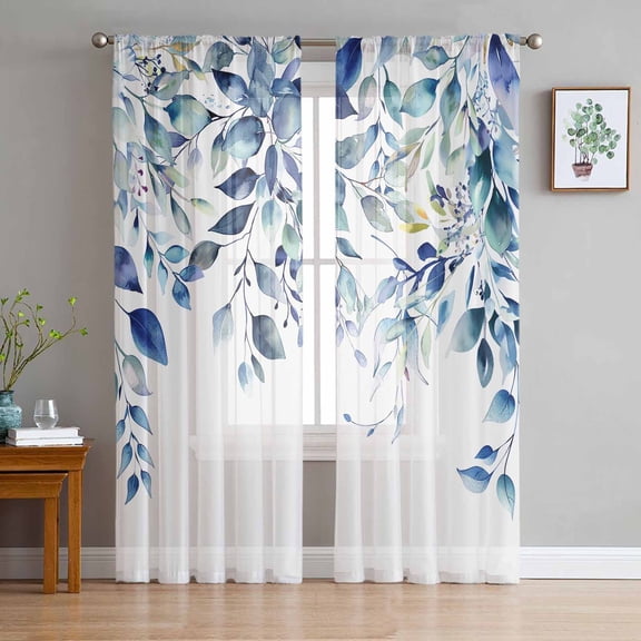 Blue Teal Eucalyptus Leaves Sheer Curtains 84 Inches Long 2 Panels Set, Window Sheer Curtains for Living Room/Bedroom, Watercolor Weeping Botanical Light Filtering Rod Pocket Curtain 52'' x 84'' x 2