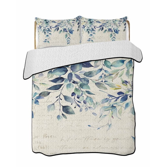 Blue Teal Eucalyptus Leaves Summer Quilt Set Full Size,Soft Quilted Bedding Set with 2 Pillow Shams,Watercolor Vintage Botanical Lightweight All Season Bedspread Coverlet for Bedroom 78"x90"