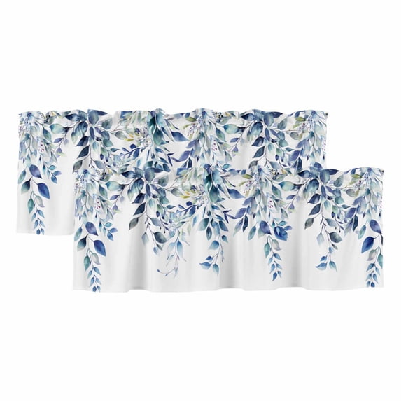 Blue Teal Eucalyptus Leaves Valances for Windows, Watercolor Weeping Botanical Light Filtering Kitchen Curtains, Rod Pocket Window Valance Curtains for Living Room Bedroom, 42" W x 18" L, 2 Panels