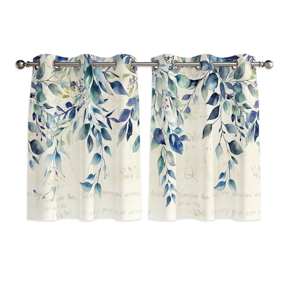 Blue Teal Eucalyptus Leaves Window Curtains Panels with Grommet, Watercolor Vintage Botanical Kitchen Cafe Curtain Draperies Window Treatment Set for Living Room/Bedroom/Laundry/Bathroom, 84x45