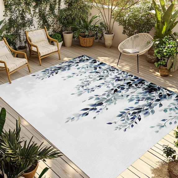 Blue Teal Eucalyptus Outdoor Rug for Patio/Deck/Porch, Non-Slip Large Area Rug 4 x 6 Ft, Weeping Botanical Leaf Watercolor Indoor Outdoor Rugs Washable Area Rugs, Reversible Camping Rug Carpet Runner