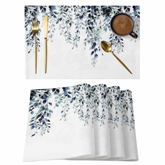 Blue Teal Eucalyptus Placemats Set of 8, Weeping Botanical Leaf Watercolor Placemats for Dining Table, Place Mats for Kitchen Tabletop, Waterproof Wipeable Dining Table Mats Set