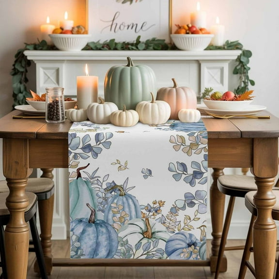 Blue Teal Fall Pumpkins Cotton Linen Table Runner, Washable Table Runners for Kitchen, Dining Room, Holiday, Home Party Table Decor, 13x36 Inches
