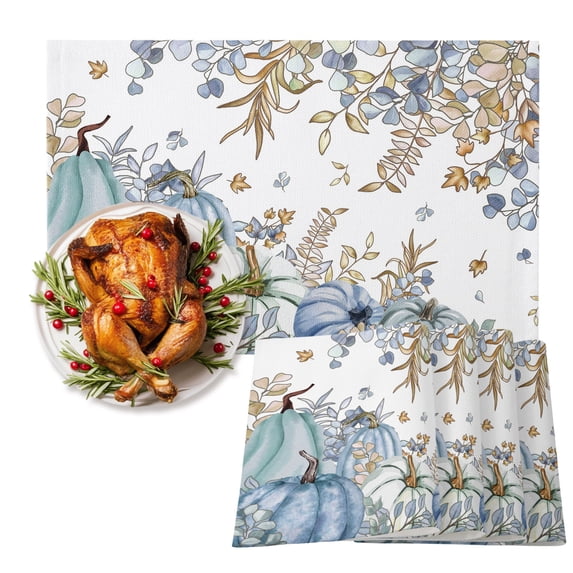 Blue Teal Fall Pumpkins Placemats Set of 4, Thanksgiving Eucalyptus ...