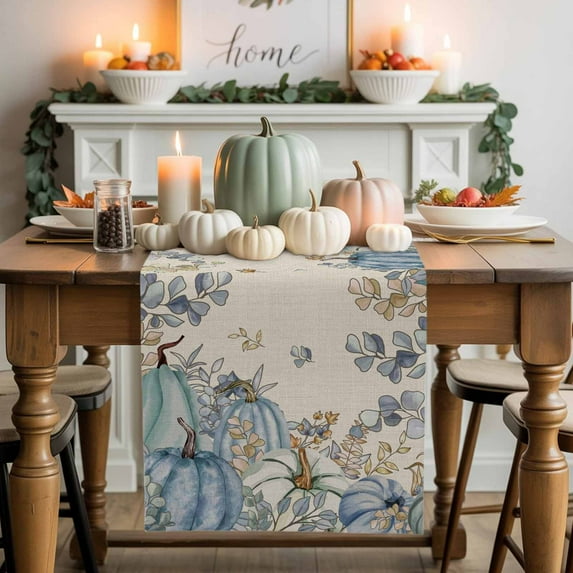 Blue Teal Fall Pumpkins Table Runner, Autumn Thanksgiving Kitchen Dining Table Decoration for Home Party Decor 13x60 Inches