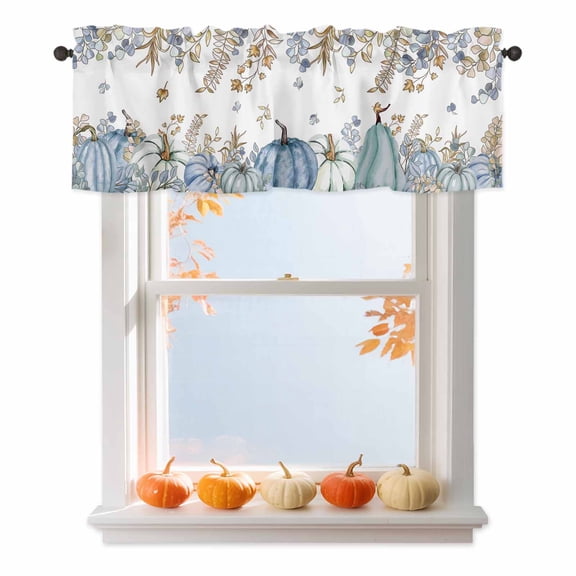 Blue Teal Fall Pumpkins Valances for Windows, 42 x 18in, Thanksgiving Eucalyptus Leaf Watercolor Botanical Rod Pocket Kitchen Valance Curtain Light Filtering Window Treatments for Living Room Bedroom