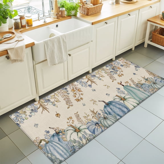 Blue Teal Fall Pumpkins Washable Runner Rugs 2'x6', Thanksgiving Eucalyptus Leaves Retro Botanical Washable Runner Rug Non-Slip Sturdy Edge Binding Carpet for Bedside Hallway Runner Kitchen Galley