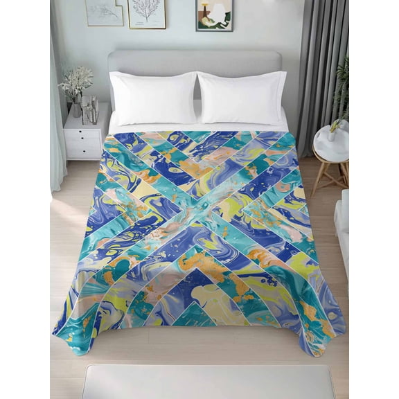 Blue Teal Geometric King Size Flat Sheet, Wrinkleproof & Fadeproof Cooling Flat Bed Sheet Only, Grey Marble Abstract Art Modern Breathable Soft Bedding Top Sheets 105 x 98 Inches