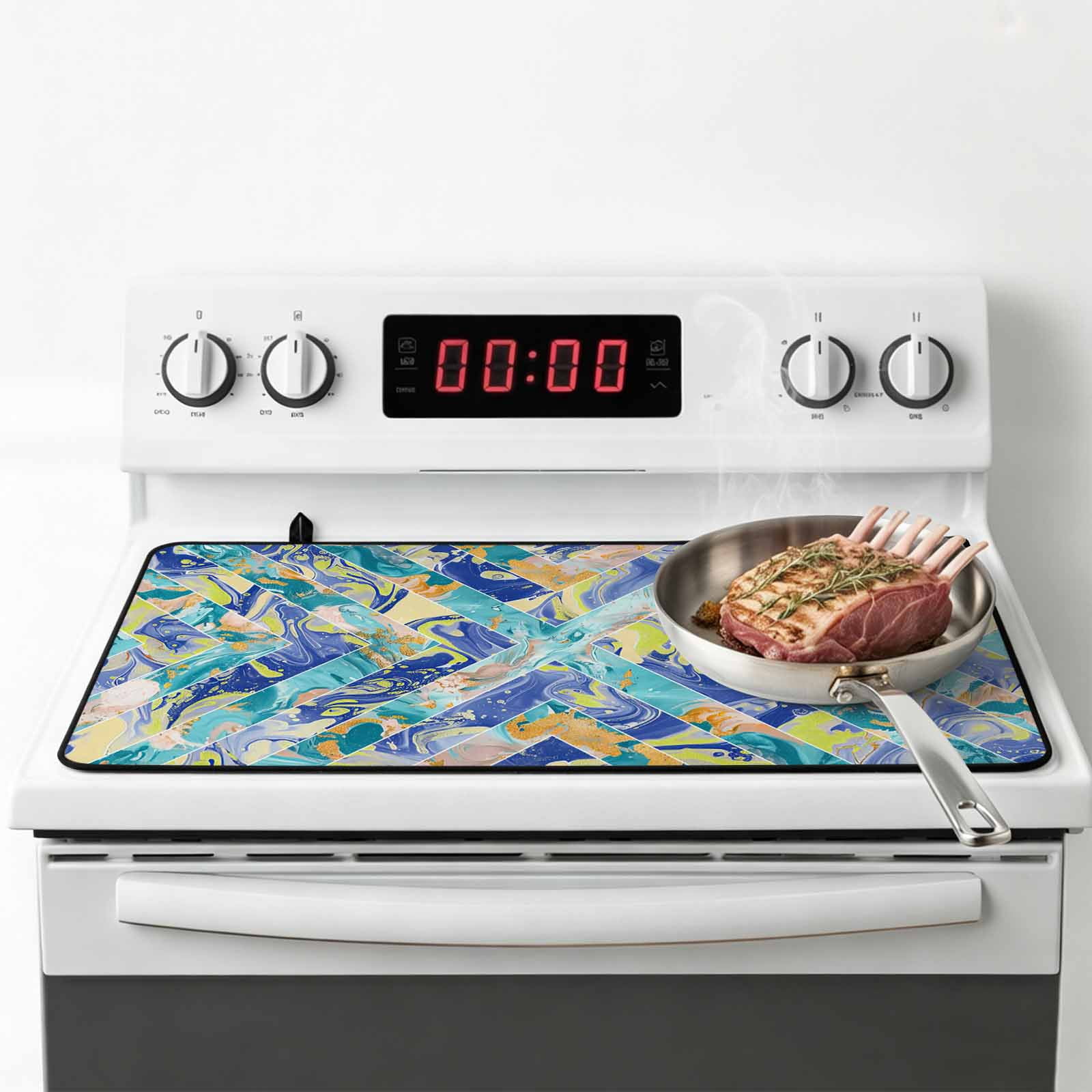 Blue Teal Geometric Stove Top Cover for Electric Stove, Heat-proof & Non Slip Glass Top Stove Cover Protector, Grey Marble Abstract Art Modern Kitchen Flat Cooktop Rubber Mat 24x21 Inches