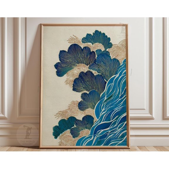 Blue Teal Ginkgo Japanese Leaf Wall Art Print, Unframed Paper Poster 16x20in