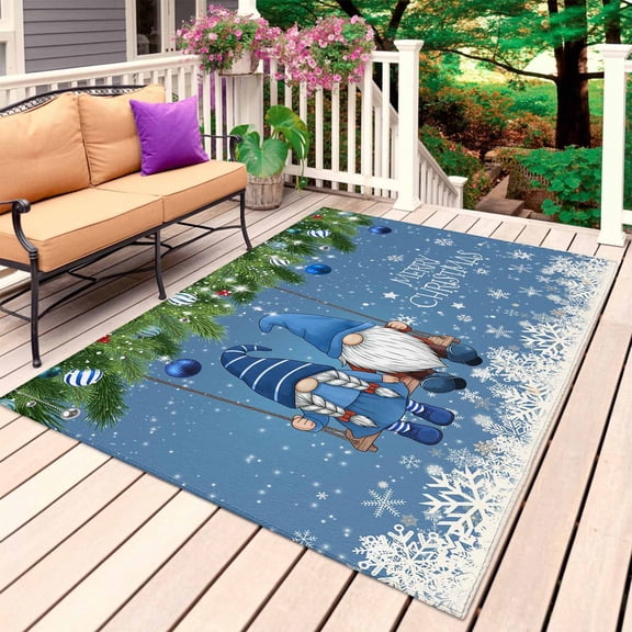 Blue Teal Gnomes Christmas Outdoor Rug 5x7 Ft, Non Slip Washable Area Rug, Xmas Weeping Balls Snowflake Patio Rugs Carpet Runner, Large Floor Mat for Indoor/Outdoor Deck Porch Camping
