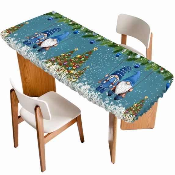 Blue Teal Gnomes Christmas Table Cloths for 8 Foot Rectangle Tables, Xmas Tree Balls Snowflake Patio Waterproof Elastic Fitted Tablecloths, Washable Rectangular Table Cover for Camping