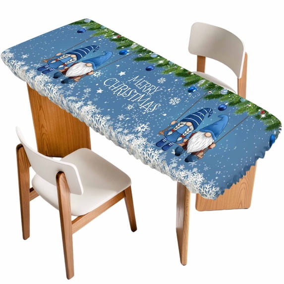 Blue Teal Gnomes Christmas Table Cloths for 8 Foot Rectangle Tables, Xmas Weeping Balls Snowflake Patio Waterproof Elastic Fitted Tablecloths, Washable Rectangular Table Cover for Camping