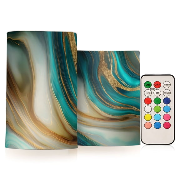 Blue Teal Gold Background Texture Flickering Flameless Candles Battery Operated with Remote Timer LED Pillar Candles Set of 2
