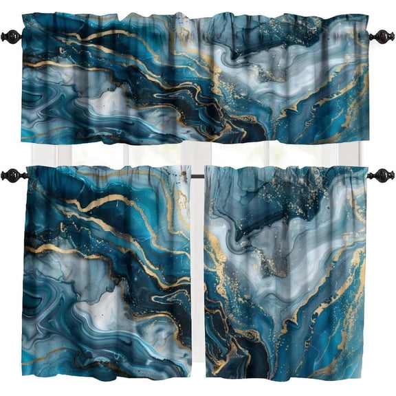 Blue Teal Gold Marble Valances Set for Kitchen, Blue Teal Gold Abstract Marble Texture Modern Luxury Home Decor Rod Pocket Window Drapes for Living Room Dining Room Office 52x18 Inch + 27x36 Inch X 2