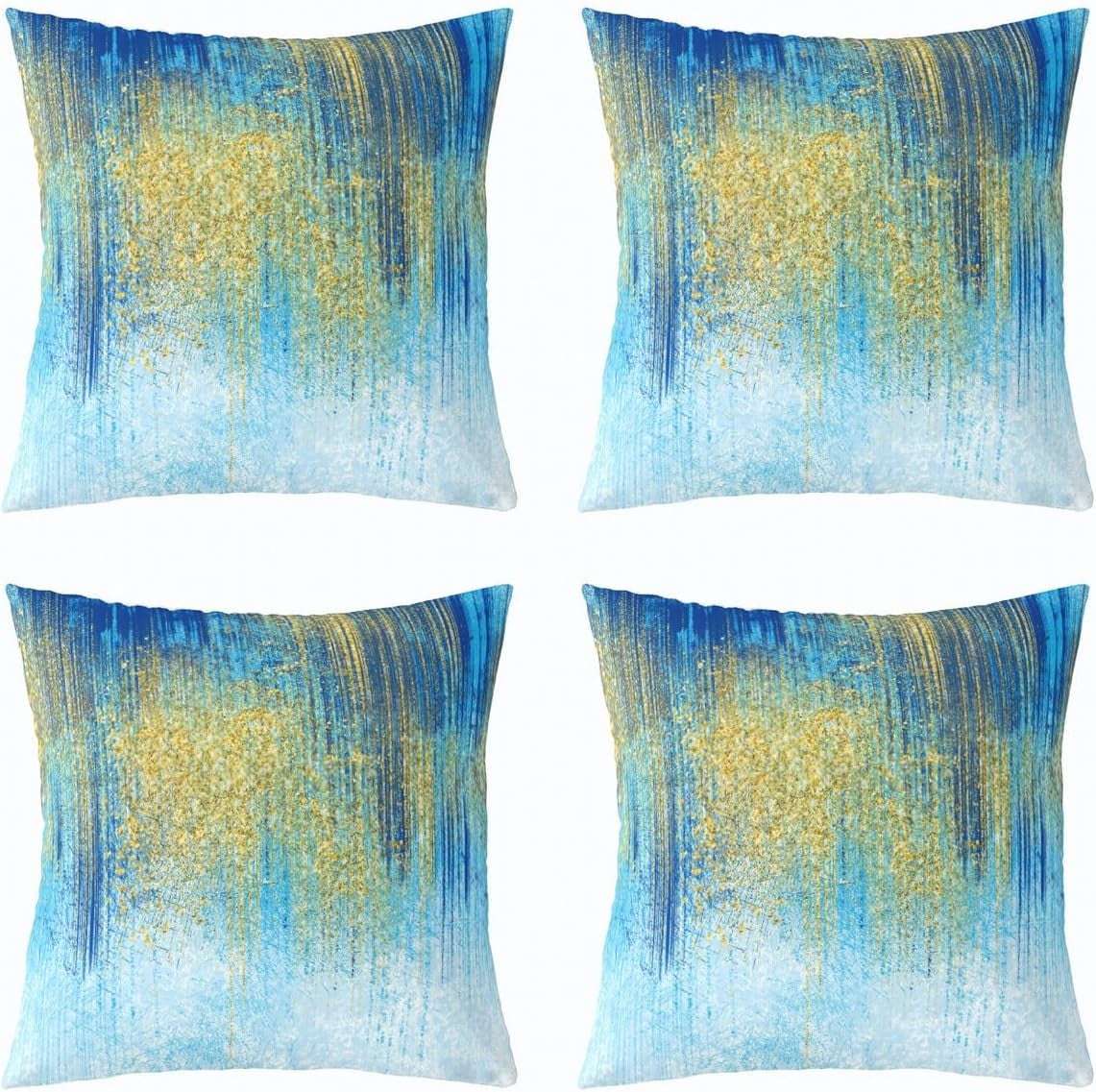 Blue Teal Golden Reversible Throw Pillow Covers 18 x 18-Inch Kids Stripes Pillow Covers Home Decor for Boys Geometric Abstract Art Square Cushion Covers Set of 4 Modern Art Geometry