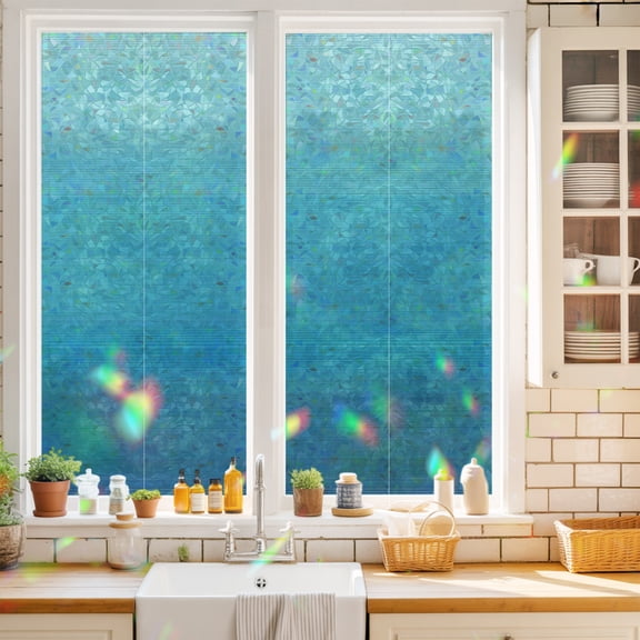 Blue Teal Gradient Window Privacy Film Abstract Minimalist Modern Aqua Ombre Texture Static Cling Stained Glass Window Film Non-Adhesive Decorative Decals Rainbow Sticker 17.7"X39.3"