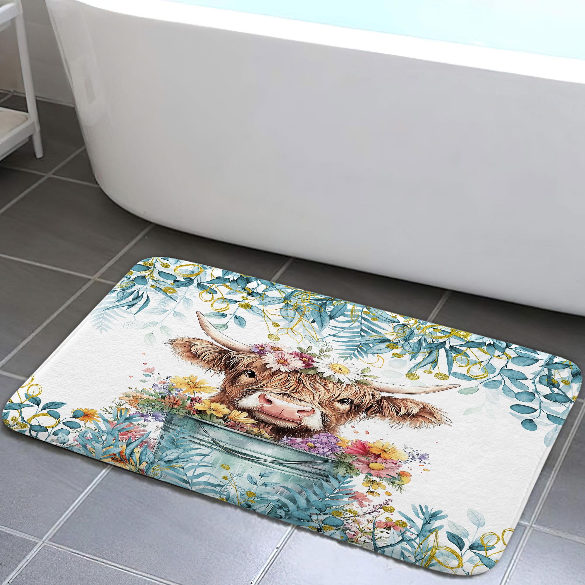 Blue Teal Green Eucalyptus Highland Cow Bath Rugs, Watercolor Plant ...