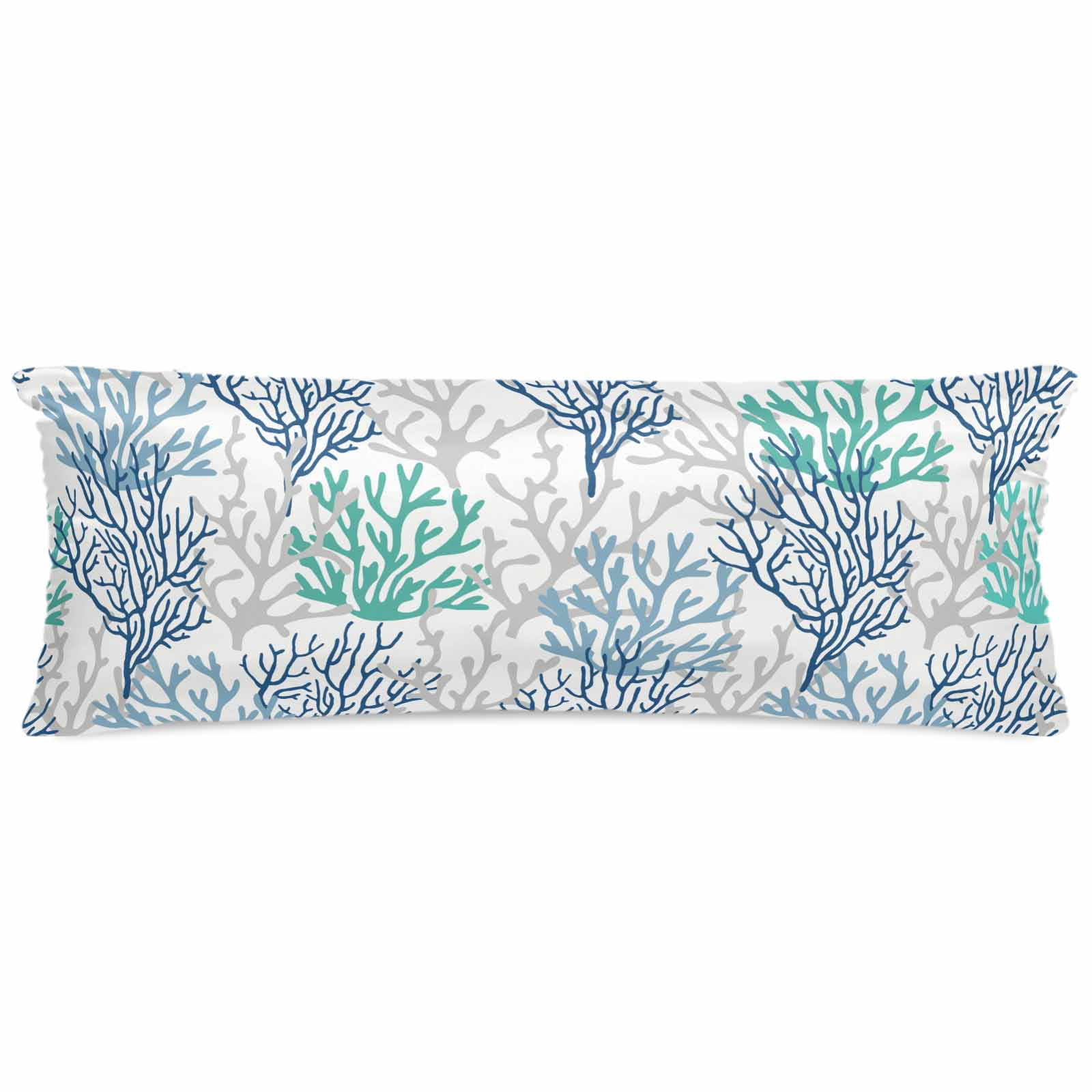 Blue Teal Grey Coral Coastal Pillow Cases Body Size, Smooth Satin Pillowcase for Hair and Skin, Summer Beach Nautical Ocean Decorative Cooling Bed Pillow Covers with Zipper, 20x54 Inches