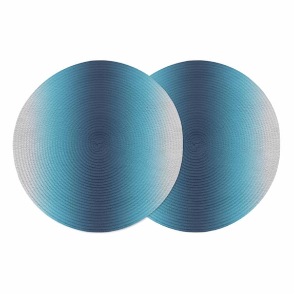 Blue Teal Grey Ombre Round 13 Inch Placemats Set of 2, Farmhouse Gradient Minimalist HeatResistant Non Slip Place Mats for Dining Table, Wipeable Braided Kitchen Table Mats for Housewarming