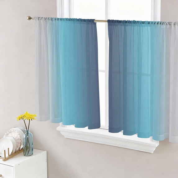 Blue Teal Grey Ombre Sheer Curtains 54 Inch Length 2 Panels Set Window Treatments, Farmhouse Gradient Minimalist Rod Pocket Semi Curtains for Living Room/Bedroom/Kitchen Décor, 104"W x 54"L