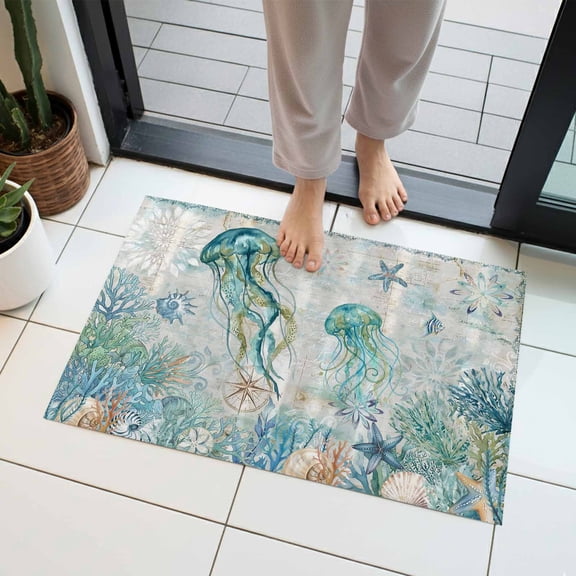 Blue Teal Jellyfish Coastal Indoor Door Mat 16x24 Inch Summer Beach Ocean Nautical Front Door Mat Non Slip Washable Entryway Rug Low Profile Dirt Trapper Doormat for Bathroom Kitchen Bedroom