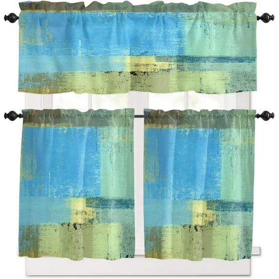 Blue Teal Kitchen Curtains Set Valance Tier Curtains Set, Modern Oil Painting Abstract Art Geometric Aesthetics Farmhouse 3 PCS Rod Pocket Kitchen Window Short/Half/Small Curtain 27.5x36"x2 Panels