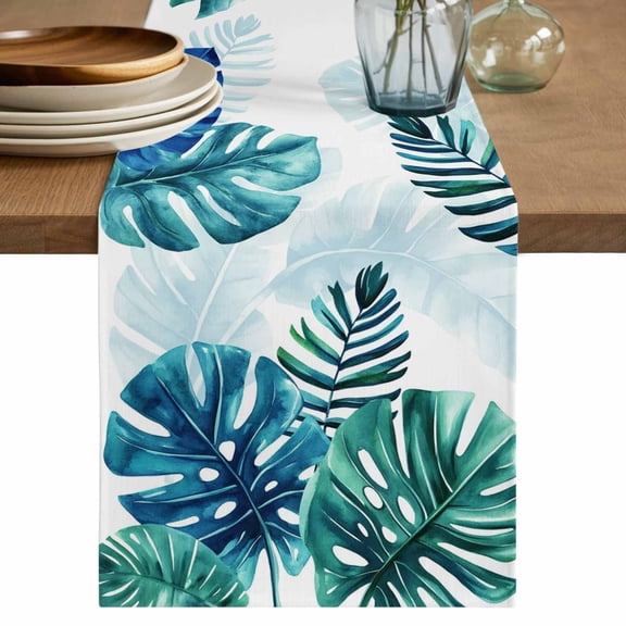 Blue Teal Leaves Cotton Linen Table Runner for Dining Kitchen, Summer Botanical Watercolor Leaf Wedding Outdoor Party Tablerunners Decoration, Dresser Scarf Coffee Tablecloth Runners 13x36 Inches