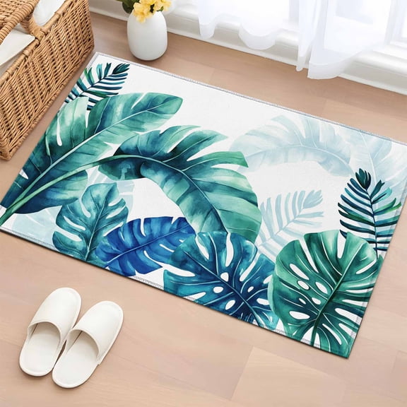 Blue Teal Leaves Entryway Rug 2'x3' Non Slip Front Door Mats, Summer Botanical Watercolor Leaf Entrance Rugs Indoor Outdoor Carpet, Washable Floor Mats Small Area Rug for Bedroom Kitchen
