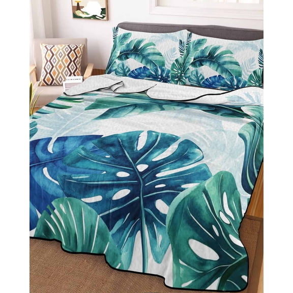 Blue Teal Leaves King Size Down Alternative Comforter, Lightweight Comforter Quilt Bedding Set with Pillow Shams Summer Botanical Watercolor Leaf All Seasons Bed Comforter Duvet Insert 96"x106"