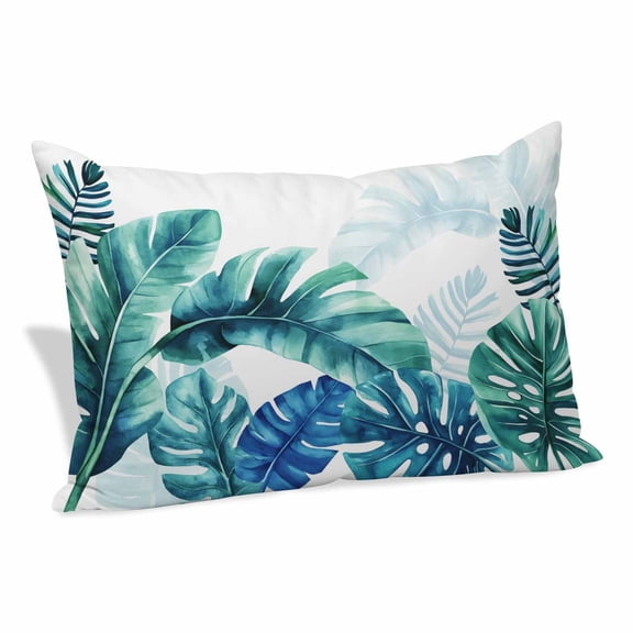 Blue Teal Leaves Pillow Covers, Linen Long Throw Pillow Case, Summer Botanical Watercolor Leaf Holiday Pillow Protector Decorative Cushion Cover for Living Room/Bedroom 16" x 24"