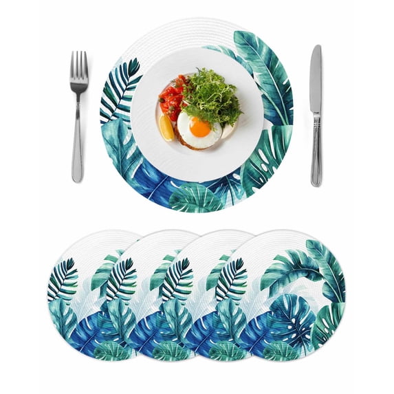 Blue Teal Leaves Round 15 Inch Placemats Set of 4, Summer Botanical Watercolor Leaf HeatResistant Non Slip Place Mats for Dining Table, Wipeable Braided Kitchen Table Mats for Housewarming