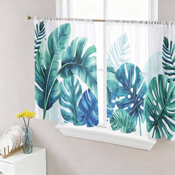 Blue Teal Leaves Sheer Curtains 54 Inch Length 2 Panels Set Window Treatments, Summer Botanical Watercolor Leaf Rod Pocket Semi Curtains for Living Room/Bedroom/Kitchen Décor, 104"W x 54"L