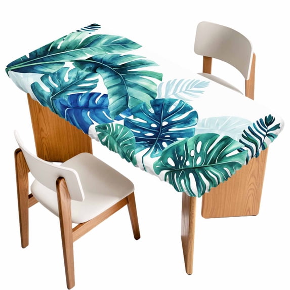 Blue Teal Leaves Table Cloths for 3 Foot Rectangle Tables, Summer Botanical Watercolor Leaf Patio Waterproof Elastic Fitted Tablecloths, Washable Rectangular Table Cover for Camping