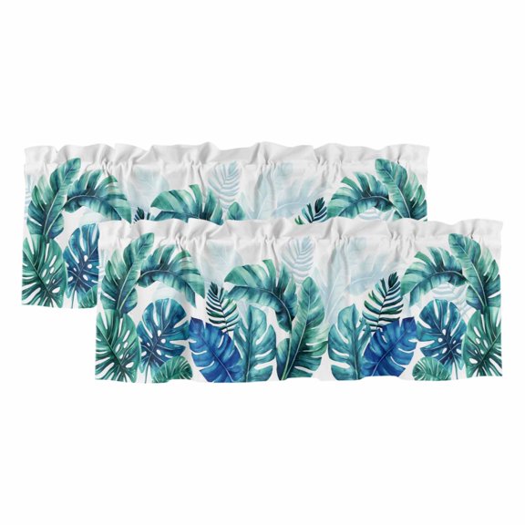 Blue Teal Leaves Valances for Windows, Decorative Rod Pocket Window Valance Curtains, Summer Botanical Watercolor Leaf Short Curtain Drapes for Kitchen/Bathroom/Living Room, 2 Panels, 42" W x 12" L