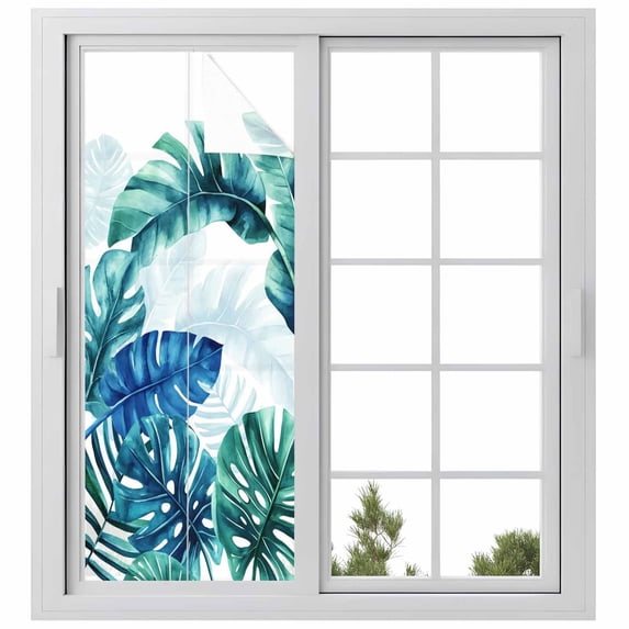 Blue Teal Leaves Window Privacy Film, Summer Botanical Watercolor Leaf Static Cling UV Sun Blocking Heat Control Window Tint Day and Night, Non-Adhesive One Way Windows Privacy Cover 23.6''x59''