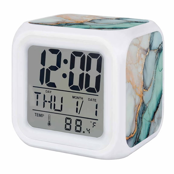 Blue Teal Marble Digital Alarm Clock for Bedrooms, Smart LED Alarm Clock with 7 Color Changing Night Light, Modern Ink Painting Abstract Silent Wake Up Clocks for Sleep Study Cooking 3.2"x3.2"